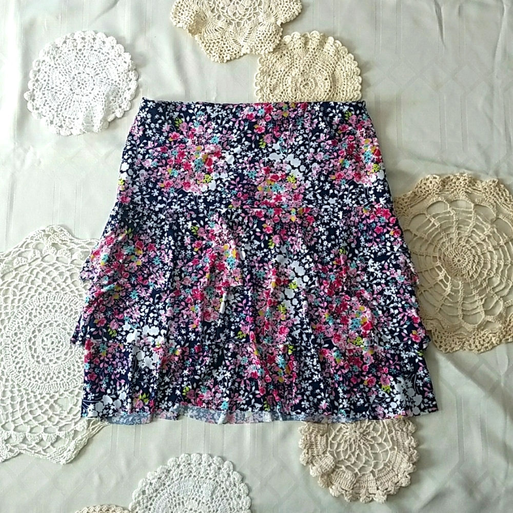 Y2K Style Three Tier Ruffle Pink Flower Skirt